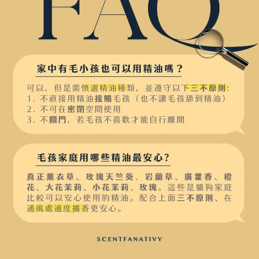 本圖以 FAQ 對話框呈現「家中有毛小孩也可以用精油嗎？」與「毛孩家庭用哪些精油最安心？」兩大疑問，說明在貓狗等寵物環境中須遵守「三不原則」（不直接接觸、不在密閉空間、不關門），並推薦真正薰衣草、玫瑰天竺葵、岩蘭草、大花茉莉等八款較為安全的精油；搭配放大鏡與黃色便箋設計，傳遞寵物友善芳療的正確觀念。