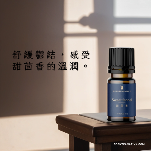 在陰影映照的牆面上，展示著詩梵娜香氛品牌的甜茴香精油瓶，旁邊有文字"每一滴，盡顯自然之精粹。