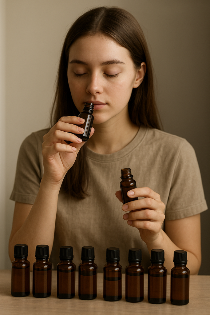 20歲女孩坐在米白與莫蘭迪灰-咖色調的室內木桌前，桌上排放多瓶棕色精油瓶，她閉眼輕聞其中一瓶，整體色調柔和、低飽和，營造溫暖舒適的質感氛圍。