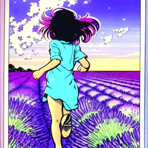 A-girl-happily-runs-in-a-sea-of-lavender-flowers