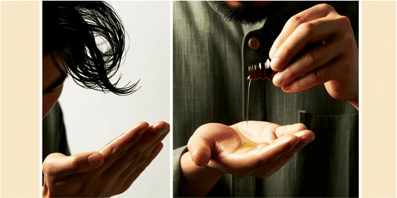 展示如何將植物油滴加在手心上，再均勻塗抹在頭髮上