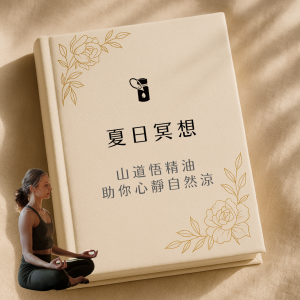 這張圖以奶油米色精裝書本封面為背景，右上與右下角金色植物線條點綴，中央黑色精油瓶圖示下方文字「夏日冥想／Sandal Land essential oil blend: ideal for summer meditation」，左下角融入一位盤坐冥想的女性，背景窗光柔和照射在淺米色亞麻布上，整體氛圍溫暖寧靜，傳達精油帶來的心靈平靜。