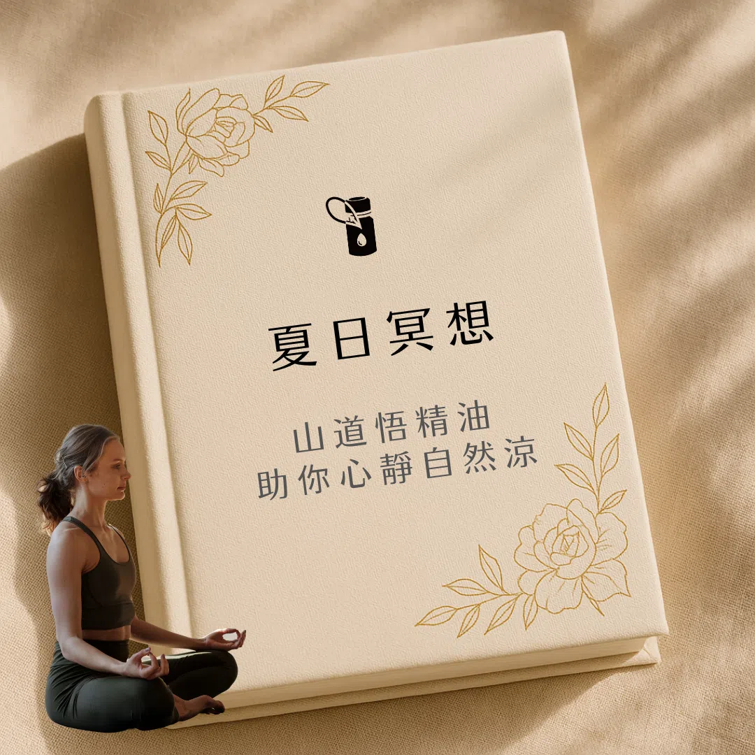這張圖以奶油米色精裝書本封面為背景，右上與右下角金色植物線條點綴，中央黑色精油瓶圖示下方文字「夏日冥想／Sandal Land essential oil blend: ideal for summer meditation」，左下角融入一位盤坐冥想的女性，背景窗光柔和照射在淺米色亞麻布上，整體氛圍溫暖寧靜，傳達精油帶來的心靈平靜。