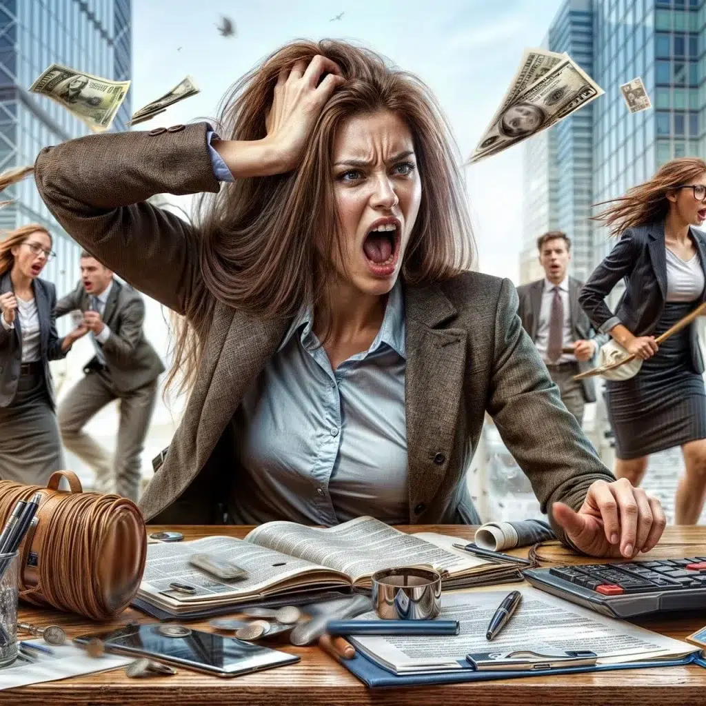 圖片中一位職場女性坐在辦公桌前，一手抓頭一手操作計算機，桌上散落文件、手機與零錢，背後同事匆忙奔跑，美元紙鈔在空中飛舞，生動呈現現代人因工作與金錢壓力而焦慮的場景。