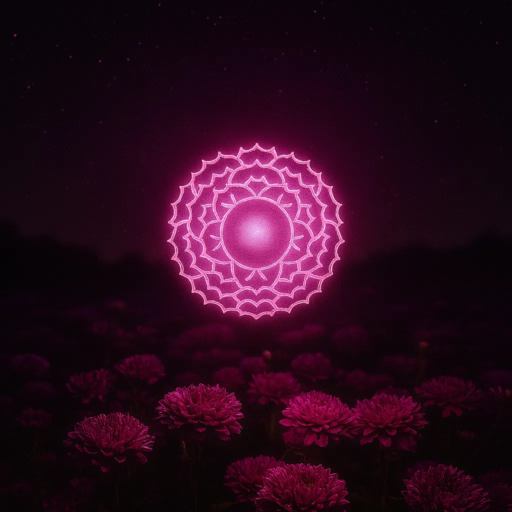 頂輪象徵與宇宙、高我連結的能量中心，圖中粉紫色蓮花圖騰在夜空與花海中發光，充滿神聖感與靈性。此圖呈現了內在覺醒、靈魂昇華與神性合一的意境。