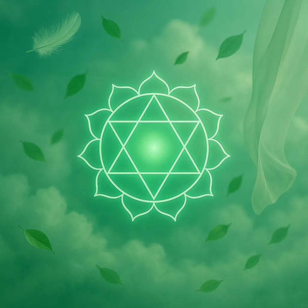 這張圖描繪心輪的綠色能量，漂浮在天空與葉片間，營造出溫柔、療癒與無條件之愛的氛圍。圖中羽毛、綠葉與薄紗象徵輕盈與愛的流動，非常適合與自我和他人連結的冥想練習。