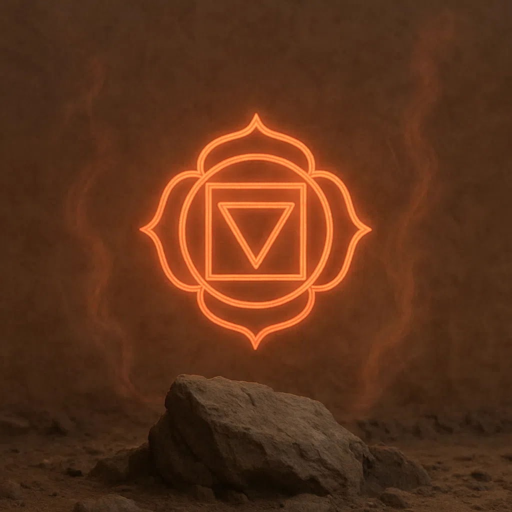 海底輪圖像呈現穩固的紅褐色與大地能量，象徵安全、根基與生存本能。圖中石頭與塵土背景強化穩定感與連結土地的象徵，是支持身心安定的理想意象。