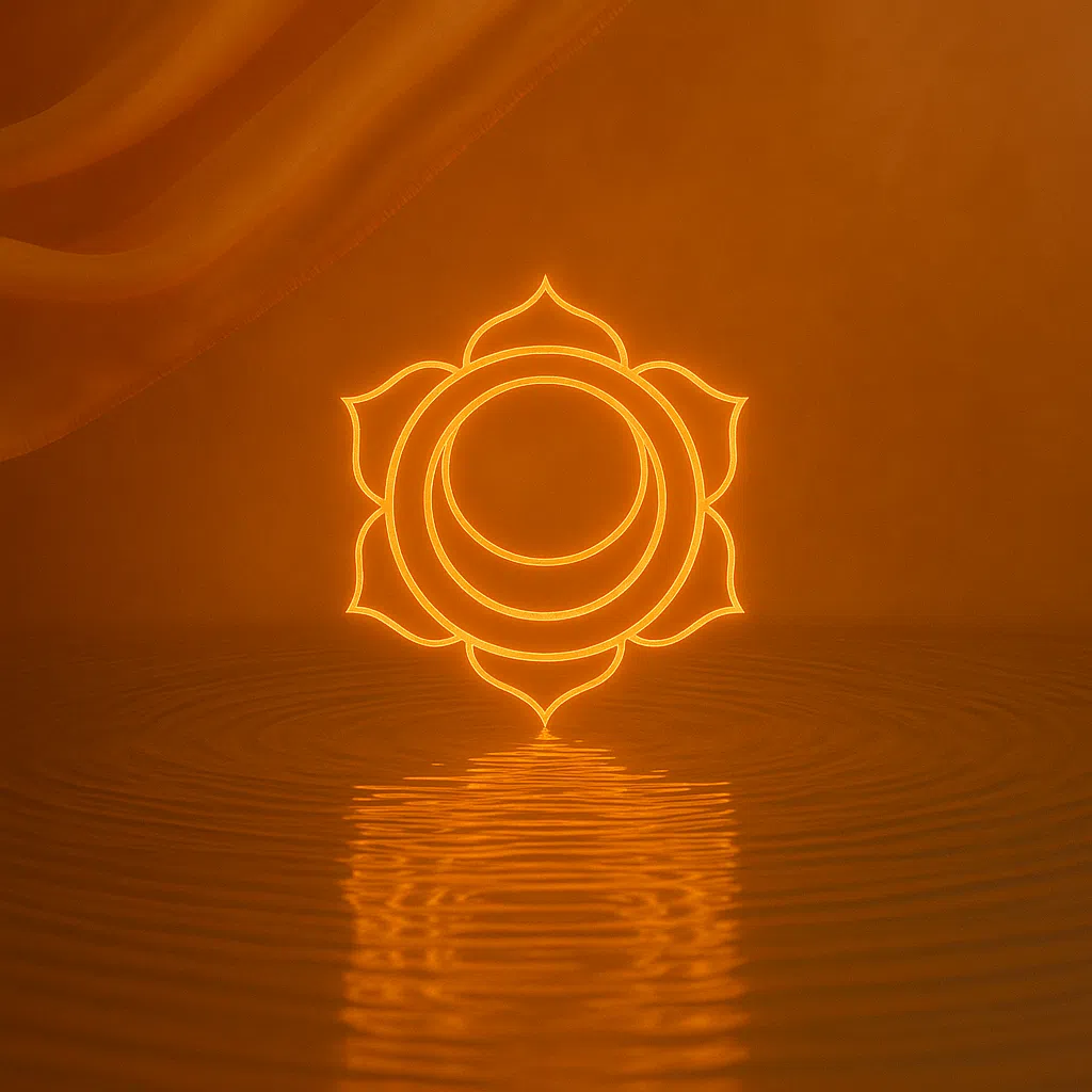 臍輪圖象以溫暖橙色展現情感與創造力的能量中心。水面倒影與絲布飄逸交織出感官、流動與情緒釋放的意境，非常適合用於創作與關係療癒的冥想主題。