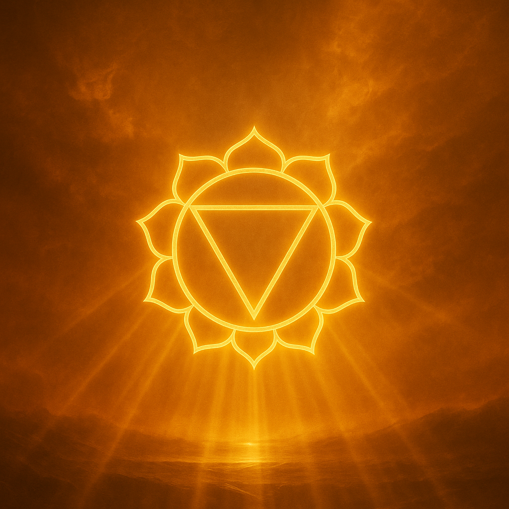 太陽神經叢意象圖以金黃色光芒呈現力量與意志的能量中心。圖中向外擴散的日光象徵自信、行動力與內在驅動力，是釋放恐懼、增強掌控感的能量來源。