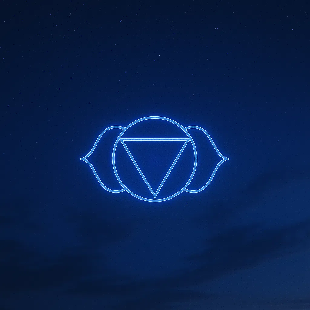 這張圖描繪了眉心輪（第三眼輪）符號懸浮在星空中，象徵直覺與洞察力的開啟。深藍夜空中閃爍著星星，襯托出靛藍色光芒的神秘與寧靜，是冥想與靈性覺察的理想象徵。