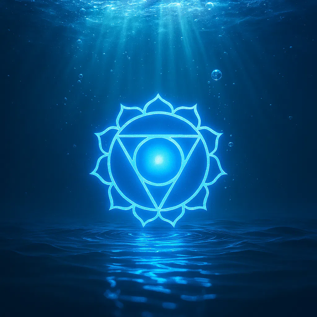 這張喉輪意象圖展示了藍色能量在水下環境中閃耀，象徵溝通、真實表達與內在聲音的流動。圖中氣泡上升、光線穿透水面，強化了情緒釋放與清晰表達的能量意涵。