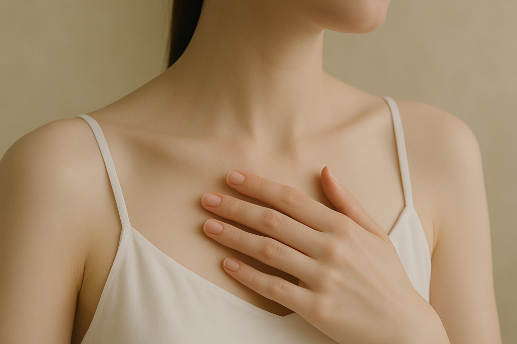 女子將手放在胸口位置，示範心輪與精油放鬆練習的特寫畫面。