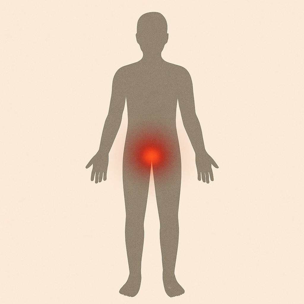 人體示意圖標示海底輪於骨盆底部位置，散發紅色穩定能量。