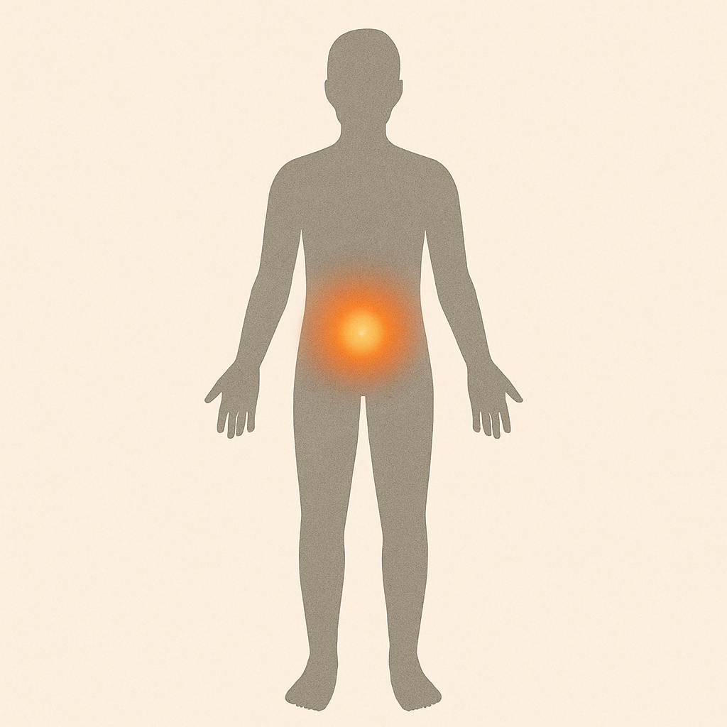 人體示意圖顯示臍輪位於下腹部中央，散發柔和橙色能量光芒。