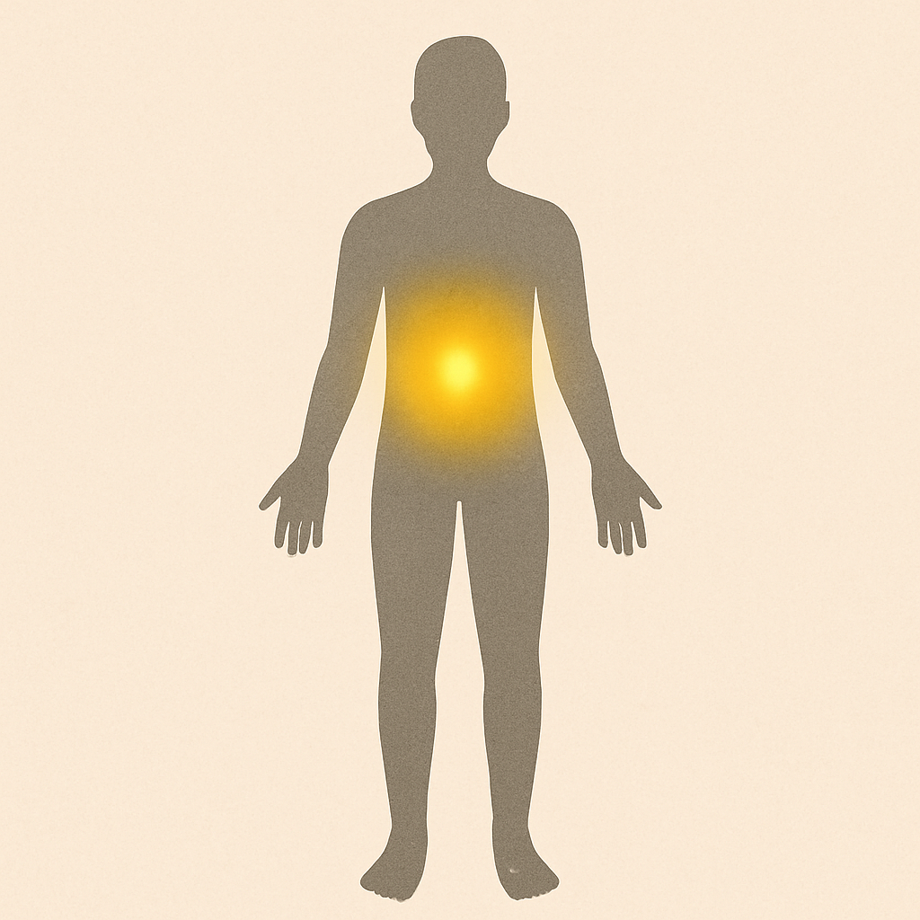人體示意圖顯示太陽神經叢脈輪的位置於上腹部中央，散發明亮黃色能量。