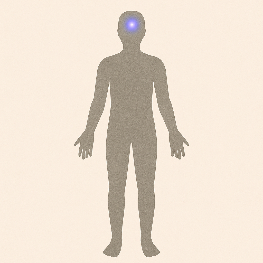 人體示意圖標示眉心輪位置於兩眉間，散發藍紫色能量。