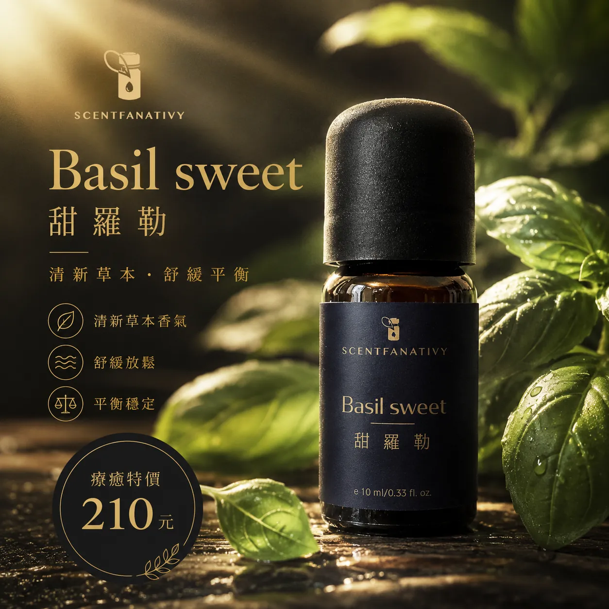 甜羅勒精油 10ml 1 詩梵娜香氛 Basil sweet 甜羅勒精油瓶身產品照,搭配綠葉與溫暖光影,呈現清新草本、舒緩放鬆的氛圍。