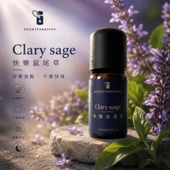 詩梵娜香氛 Clary Sage 快樂鼠尾草精油瓶身,搭配紫色花草與石面場景,呈現舒壓放鬆的香氛氛圍。
