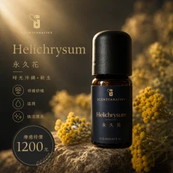 詩梵娜香氛 Helichrysum 永久花精油瓶身商品圖,搭配金黃色花材與溫暖柔光,呈現療癒沉靜的氛圍。
