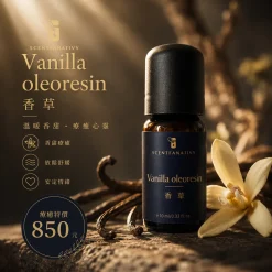詩梵娜香氛香草 oleoresin 精油瓶身與花朵擺拍,呈現溫暖療癒的香氛氛圍。
